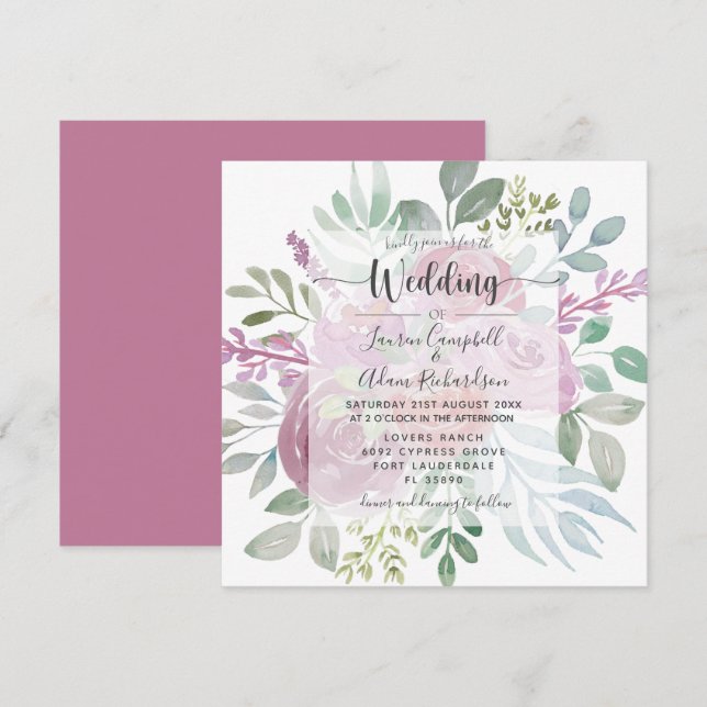 Invitation Mariage Floral Bourguignon Feuillage Rose (Devant / Derrière)