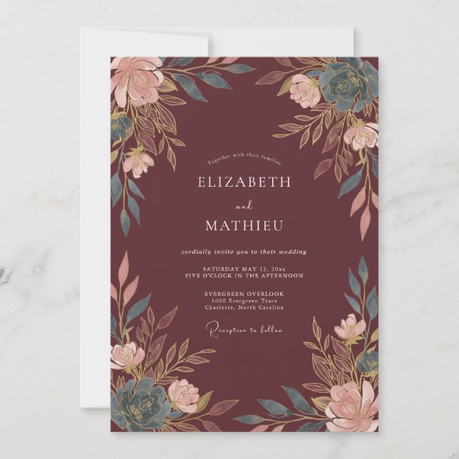 Invitation Mariage Floral Bourguignon Impressionniste (Devant)