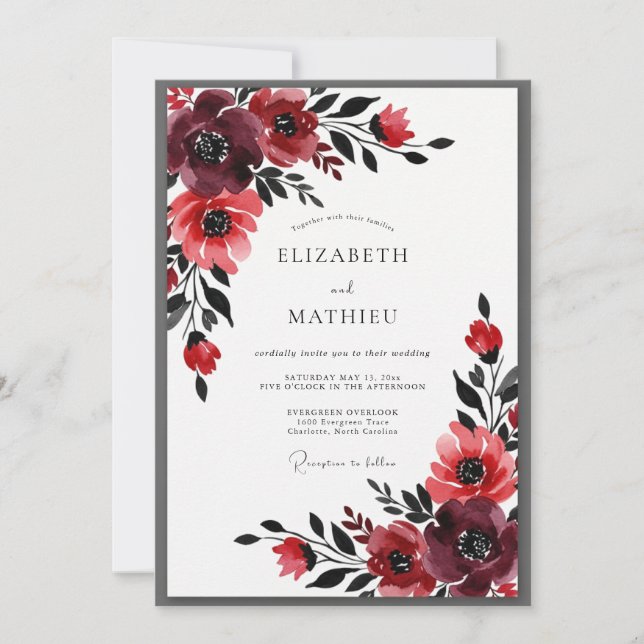 Invitation Mariage Floral Bourguignon Impressionniste (Devant)