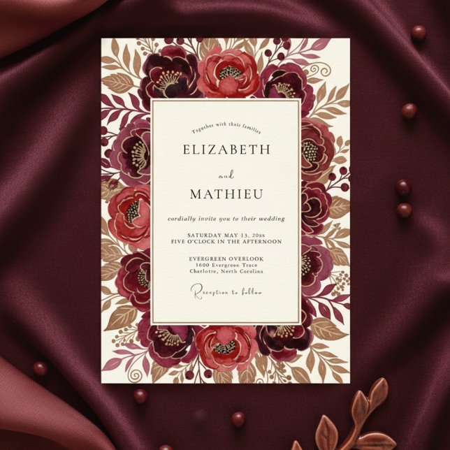 Invitation Mariage Floral Bourguignon Impressionniste (Créateur téléchargé)
