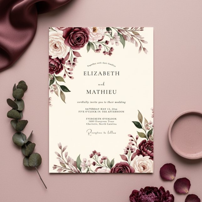 Invitation Mariage Floral Bourguignon Maussade (Créateur téléchargé)