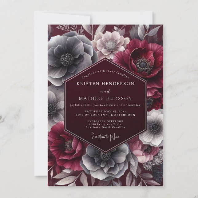 Invitation Mariage Floral Bourguignon Noir (Devant)