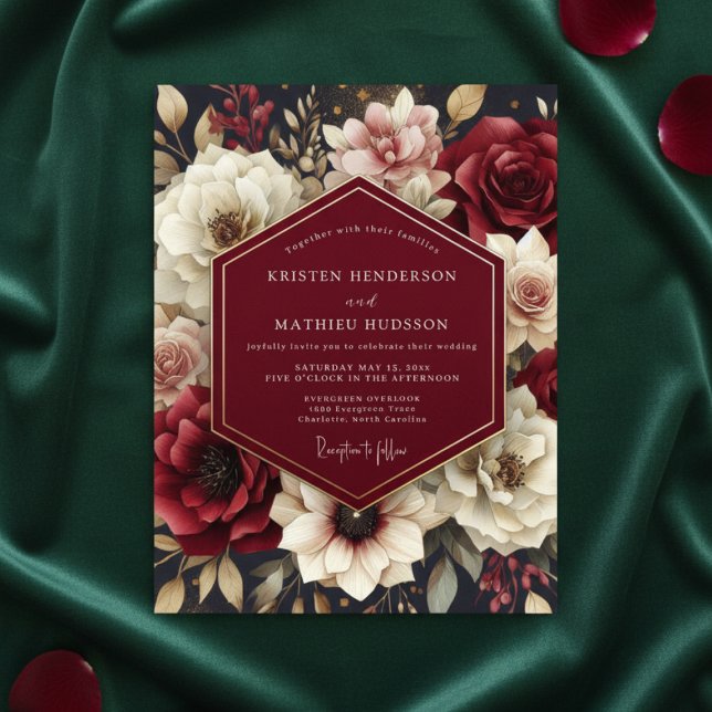 Invitation Mariage Floral Bourguignon Opulent (Créateur téléchargé)