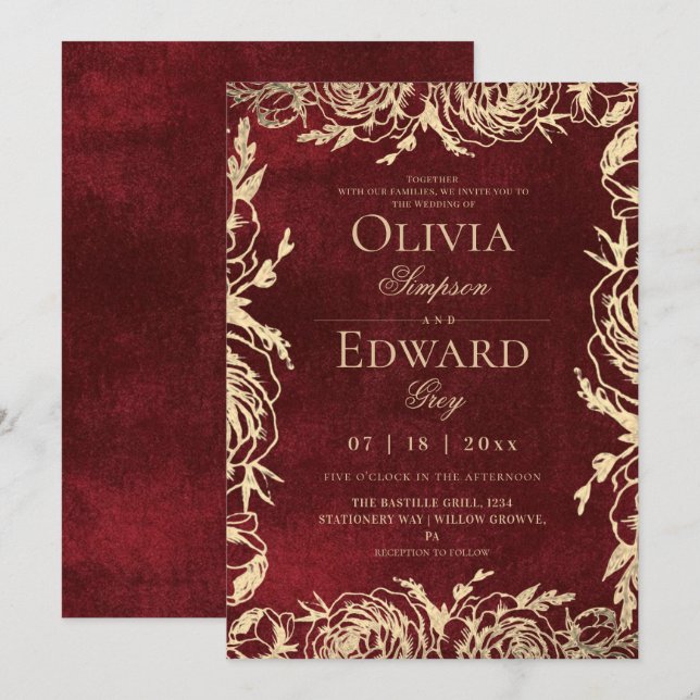 Invitation Mariage Floral Bourguignon Or Chic Divine  (Devant / Derrière)
