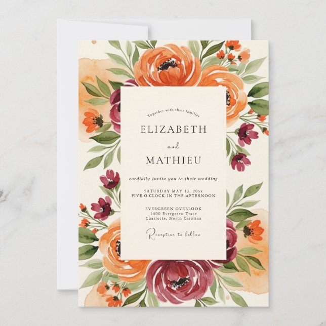 Invitation Mariage Floral Bourguignon Orange (Devant)