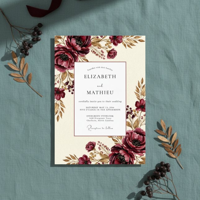 Invitation Mariage Floral Bourguignon Riche (Créateur téléchargé)