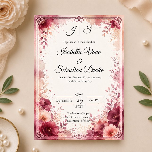 Invitation Mariage Floral Bourguignon Romantique (Créateur téléchargé)
