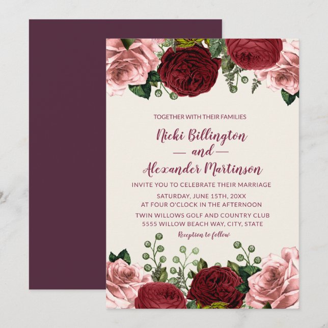 Invitation Mariage Floral Bourguignon Romantique Rose (Devant / Derrière)