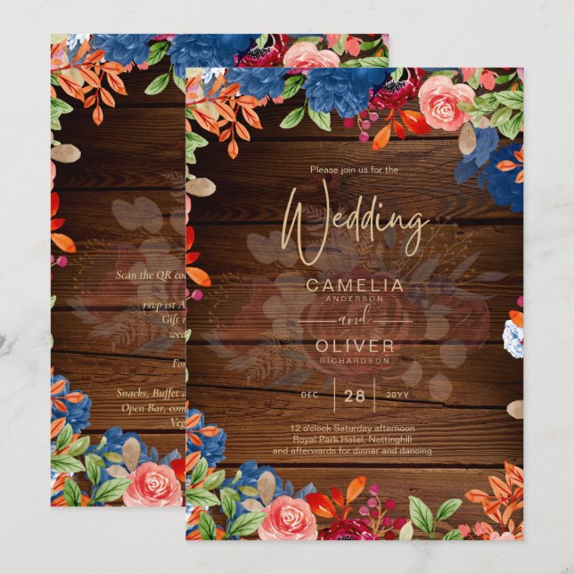 Invitation Mariage Floral Bourguignon Rustique (Devant / Derrière)