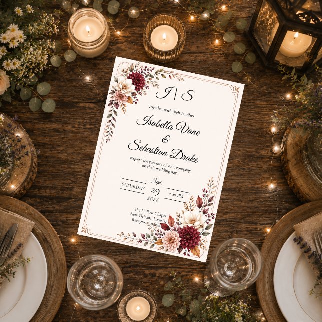 Invitation Mariage Floral Bourguignon Rustique (Créateur téléchargé)