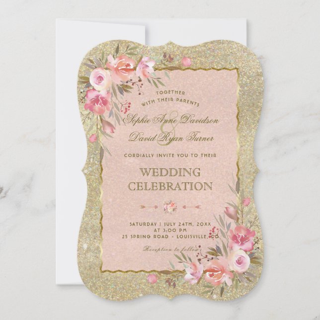 Invitation Mariage floral brillant Parties scintillant or (Devant)