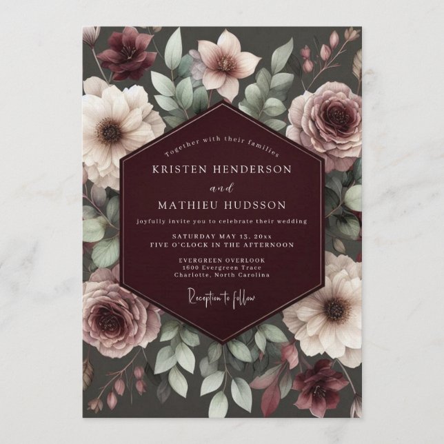 Invitation Mariage Floral Brocart Bourgogne (Devant)