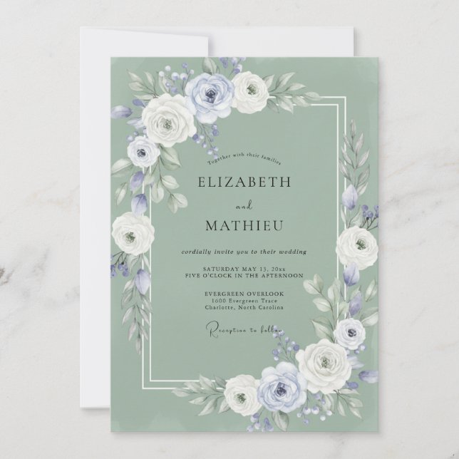 Invitation Mariage Floral Brouillard Vert Sauge (Devant)