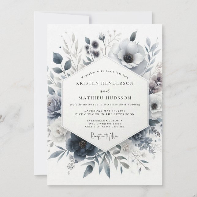 Invitation Mariage Floral Brouillé Bleu Ardoise (Devant)