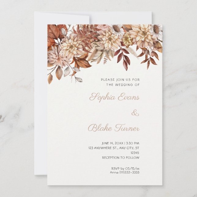 Invitation Mariage Floral Brun Bohème Blanc Hiver (Devant)