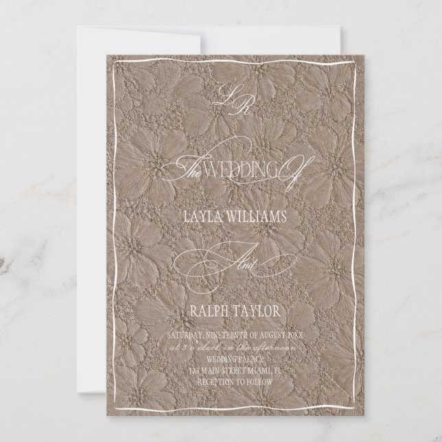Invitation Mariage Floral Brun Clair Monogramme Luxueux (Devant)