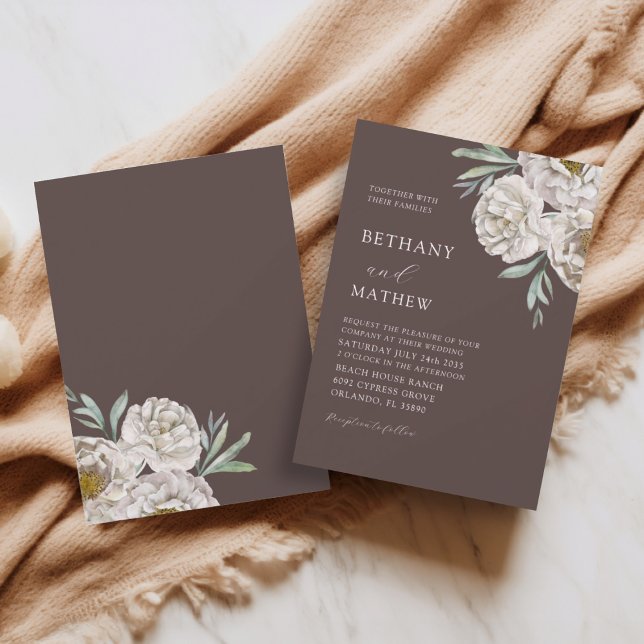 Invitation Mariage Floral Brun Rustique & Blanc Cassé (Créateur téléchargé)