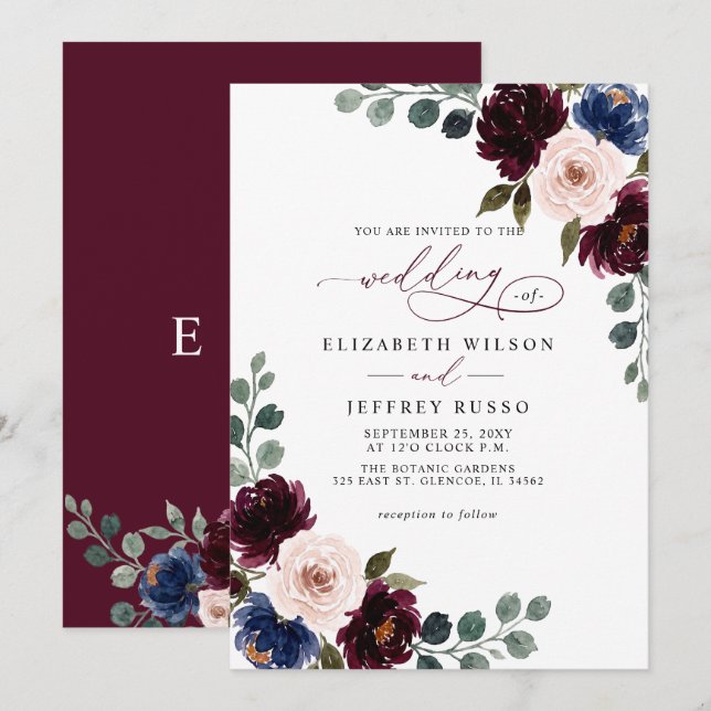Invitation Mariage Floral Burgundy Blush Navy Greenery (Devant / Derrière)