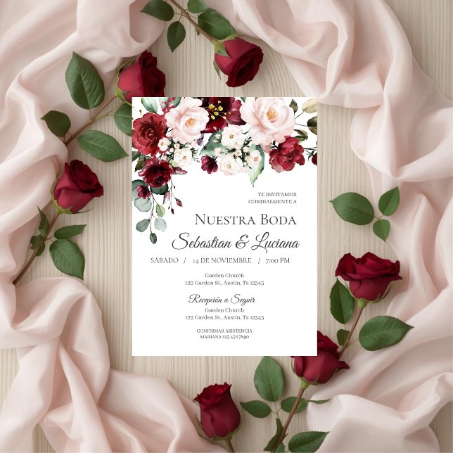 Invitation Mariage floral burgundy en espagnol (Créateur téléchargé)