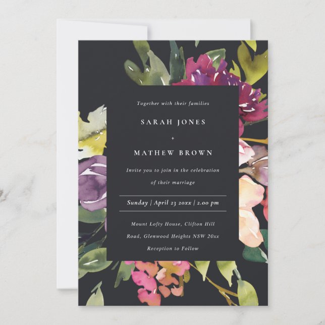 INVITATION MARIAGE FLORAL BURGUNDY JAUNE NOIR (Devant)