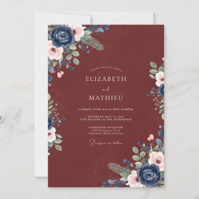 Invitation Mariage Floral Burgundy Navy Blush (Devant)