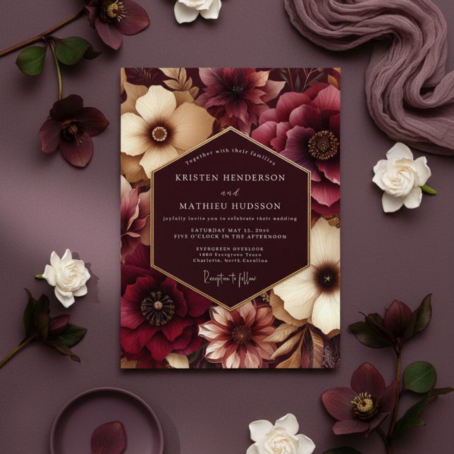 Invitation Mariage Floral Burgundy Triste (Créateur téléchargé)