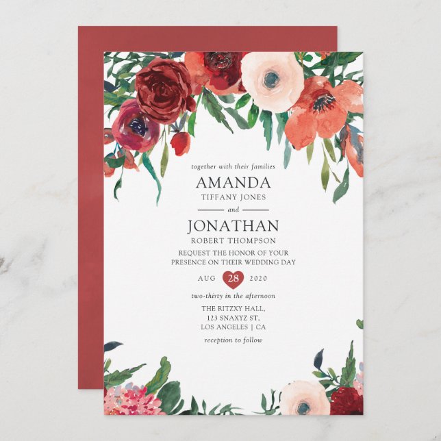Invitation Mariage floral Burning Orange et Blush (Devant / Derrière)