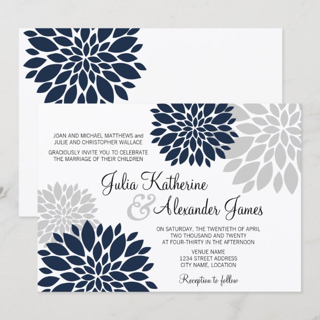 Invitation Mariage Floral Burst Bleu Nuit et Gris Argent (Devant / Derrière)