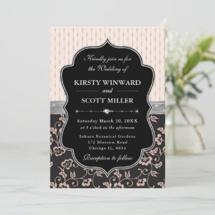 Invitation Mariage Floral Cadre Élégant Noir Rose