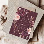 Invitation Mariage Floral Cadre Oré Automnal Romance<br><div class="desc">Cette invitation de mariage présente une couronne de fleurs aquarelle de dahlias, de roses de jardin et de pivoine en rouge bordeaux, rose saumon sur des feuilles d'automne avec un cadre en forme de diamant doré. Pour une personnalisation plus avancée de ce design, veuillez cliquer sur le BOUTON OUTIL DE...</div>