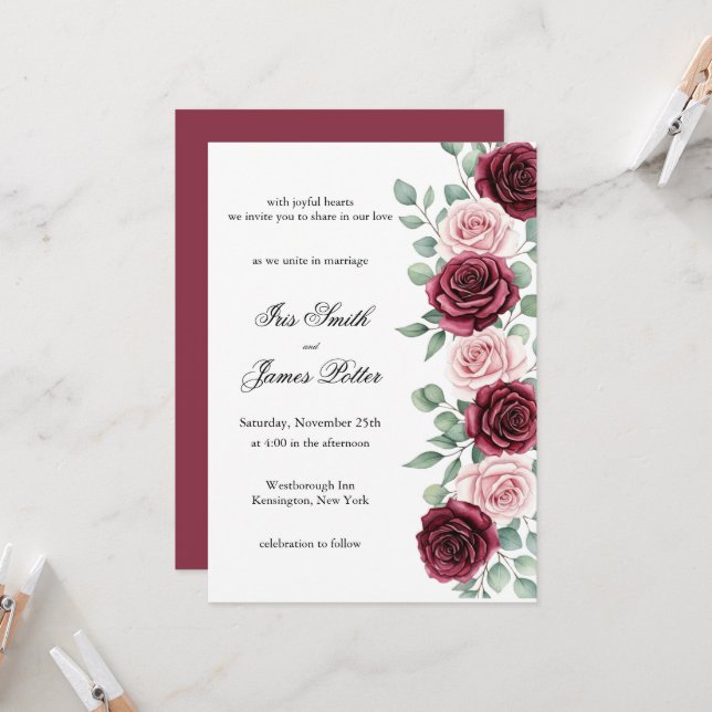 Invitation Mariage Floral Calligraphié au Vin Marsala Rustiqu (Devant/Arrière en situation)