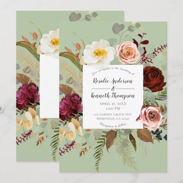 Invitation Mariage Floral Campagnard aux Fleurs Vertes Rustiq (Devant / Derrière)