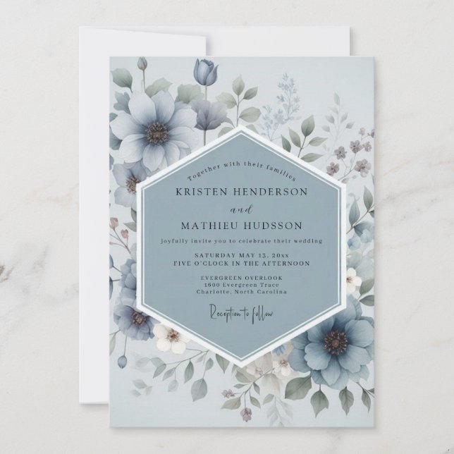 Invitation Mariage Floral Caprice Bleu Ardoise (Devant)