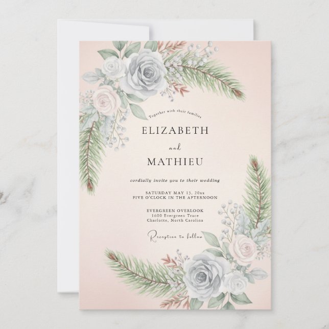 Invitation Mariage Floral Caprice Pervenche Rosé (Devant)