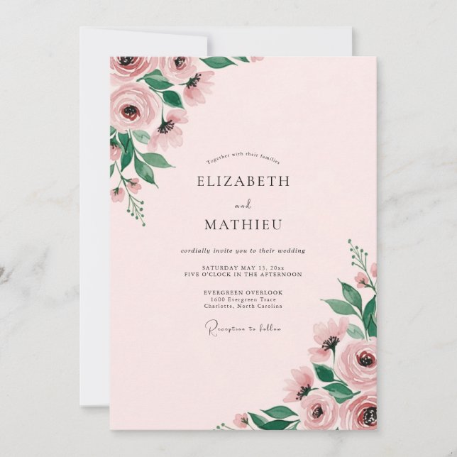 Invitation Mariage Floral Captivant Rose Pâle (Devant)