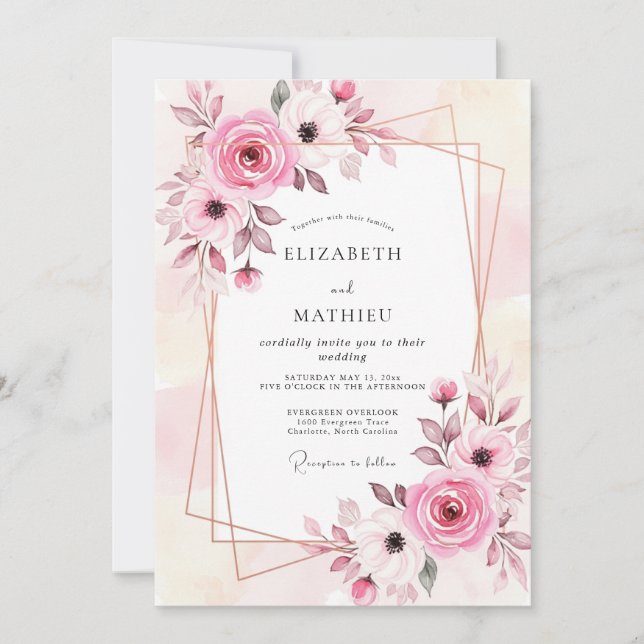 Invitation Mariage Floral Captivant Rose Tendre (Devant)
