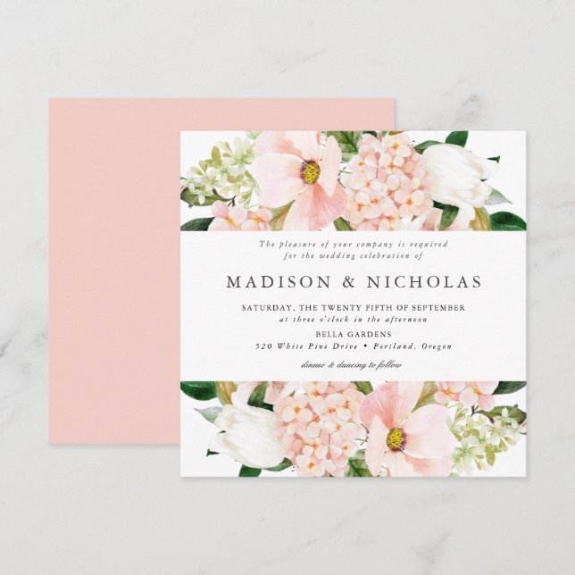 Invitation Mariage Floral Carré Teinté de Printemps (Devant / Derrière)