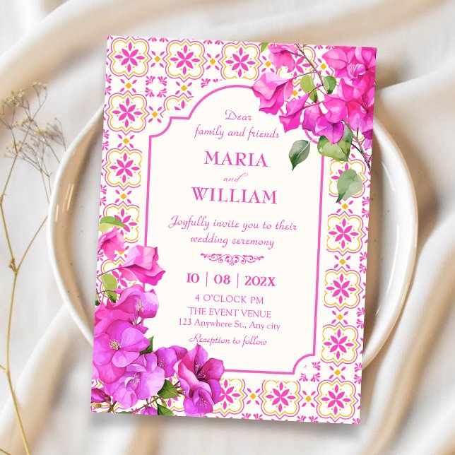 Invitation Mariage floral carrelage rose (Créateur téléchargé)