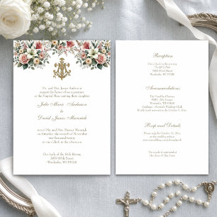 Invitation Mariage Floral Catholique Or