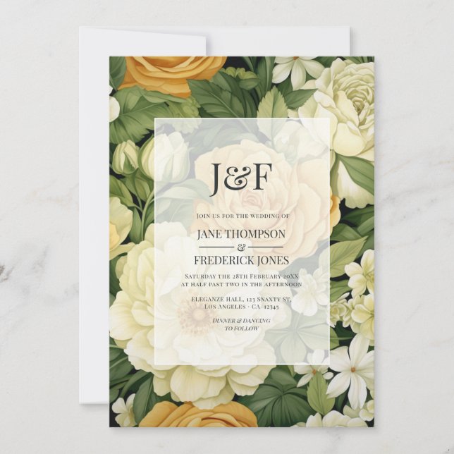 Invitation Mariage Floral Champagne, Blanc et Verdure (Devant)