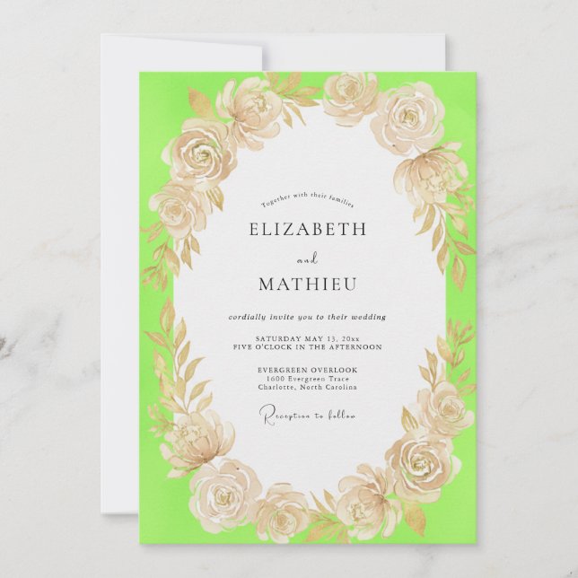 Invitation Mariage Floral Champagne Chartreuse (Devant)