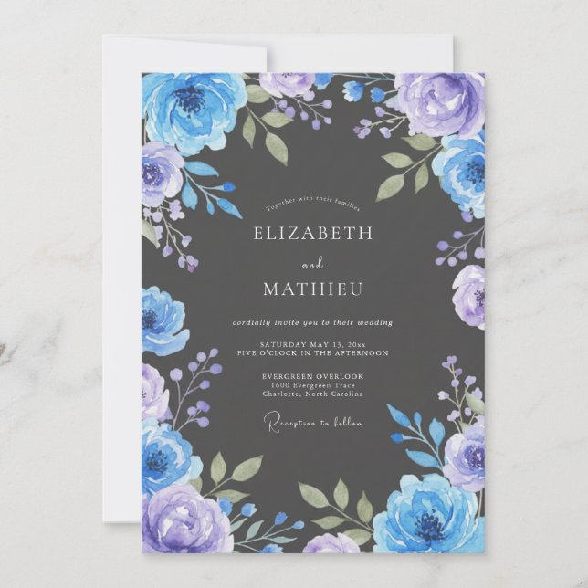 Invitation Mariage Floral Charbon de Bois Pervenche (Devant)