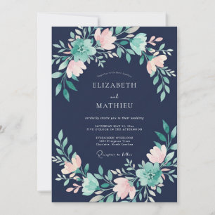 Invitation Mariage Floral Charmant Bleu Nuit