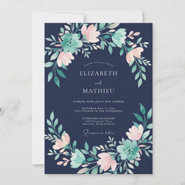 Invitation Mariage Floral Charmant Bleu Nuit (Devant)