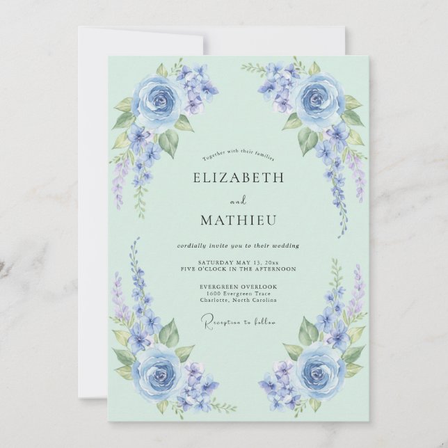 Invitation Mariage Floral Charmant Vert Menthe (Devant)