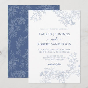 Invitation Mariage Floral Chic Bleu Dessiné à la Ligne