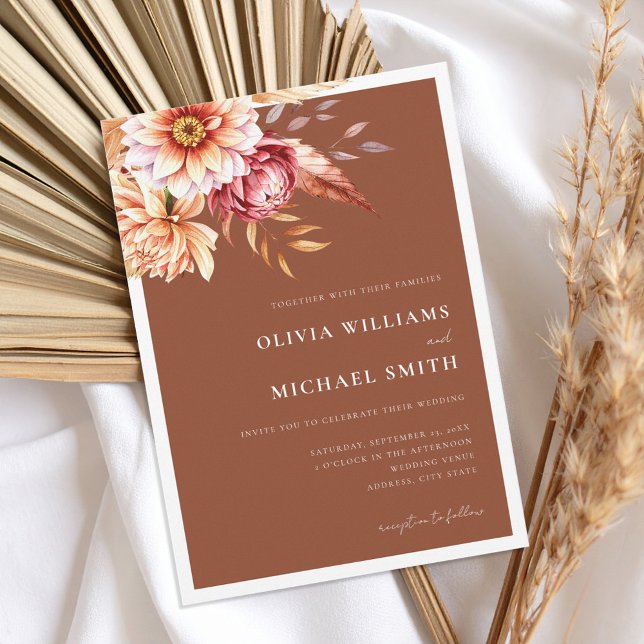 Invitation Mariage Floral Chic Boho Orange Terracotta Brûlé (Créateur téléchargé)