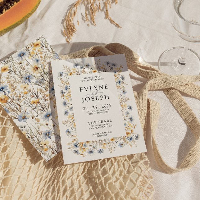 Invitation Mariage floral chic et jaune moderne et bleu Boho (Créateur téléchargé)