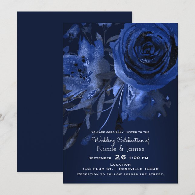 Invitation Mariage Floral Chic Hiver Rose Bleu Gras (Devant / Derrière)