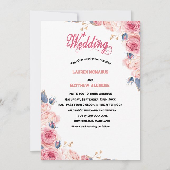 Invitation Mariage floral chic rose pâle (Devant)